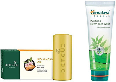 Himalaya Purifying Neem Face Wash, Bio Almond Oil Body Soap(Set of 2)
