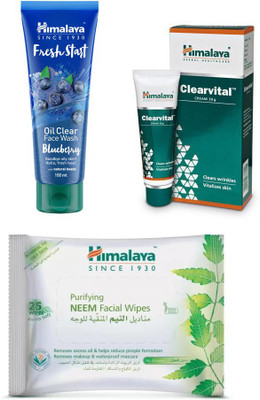 

Himalaya Purifying Neem Facial Wipes, clearvital cream, freah start oil clear blueberry face wash(Set of 3)