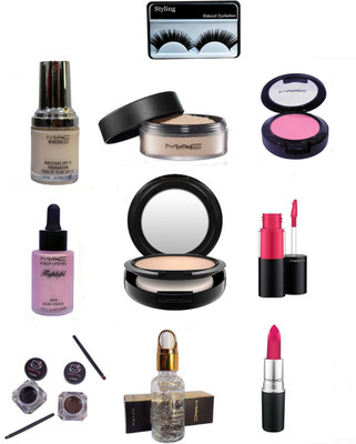 

styling Eyelashes, SPF 15 Foundation, Loose Powder Compact, One Shade Blusher Compact, Compact, Skin Highlighter, Pink Lipgloss & Lipstick, Radiance Face Primer, Hello Kitty Eyeliner(Set of 10)