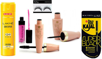 

Styling Of Eyelashes With Lekme 9 to 5 Eyeliner With Mascara & sun expert SPF 24, pink lip gloss & Colossal kajal super black(Set of 6)