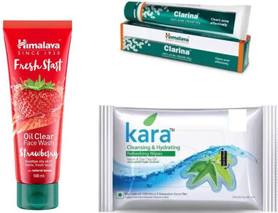 

Himalaya Clarina Anti Acne Cream, kara skin care wipes, oil clear strawberry face wash(Set of 3)