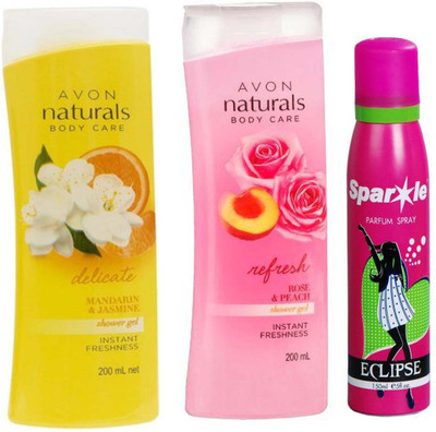 

Avon Anew Naturals mandarin & jasmine shower gel (200 ml) & one Naturals Body care Rose & Peach Shower Gel (200 ml) With one sparkle perfume spray 150 ml(Set of 3)