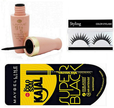 

styling eyelashes & colossal kajal Super Black & Waterproof Eyeliner(Set of 3)