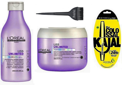 

Styling Hair brush loreal professional Liss Unlimited Hair Masque With Shampoo & The colossal kajal(Set of 4)