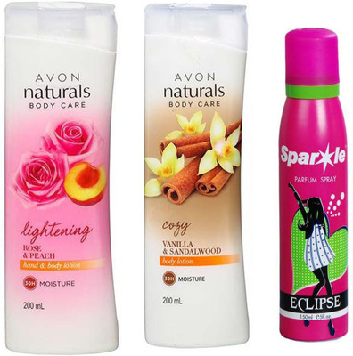 

Avon Anew Naturals Body Care Rose & Peach hand & body lotion (200 ml) & one vanilla sandalwood lotion 200 ml With one sparkle perfume spray 150 ml(Set of 3)
