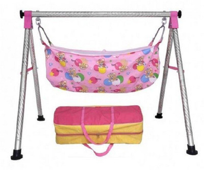 DYRECTDEALS Fully Folding Stainless Steel Ghodiyu (Cradle) With Hammock(Pink, Silver)