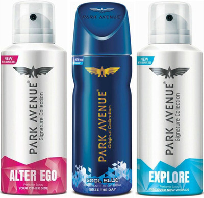 

Park Avenue 1 Alter Ego & 1 Cool Blue & 1 Explore Body Spray - For Men(390 ml, Pack of 3)