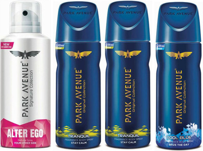

Park Avenue 1 Alter Ego & 2 Tranquil & 1 Cool Blue Body Spray - For Men(520 ml, Pack of 4)