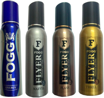 

Fogg FLYER FLASH DEODORANT 120 ML+FLYER MARVEL DEODORANT 120+FLYER THRILL DEODORANT 120 ML+ ENERGY DEODORANT 120 ML Deodorant Spray - For Men & Women(120 ml, Pack of 4)