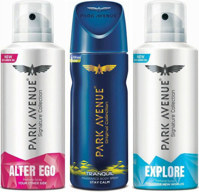 

Park Avenue 1 Alter Ego & 1 Tranquil & 1 Explore Body Spray - For Men(390 ml, Pack of 3)