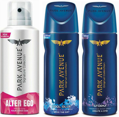 

Park Avenue 1 Alter Ego & 1 Cool Blue & 1 Storm Body Spray - For Men(390 ml, Pack of 3)