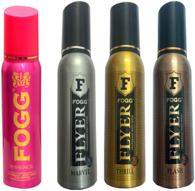 

Fogg FLYER FLASH DEODORANT 120 ML+FLYER MARVEL DEODORANT 120 ML+FLYER THRILL DEODORANT 120 ML+ESSENCE DEODORANT 120 ML Deodorant Spray - For Men & Women(120 ml, Pack of 4)