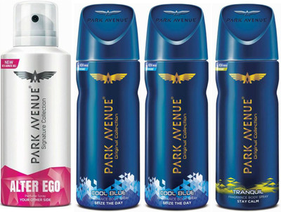 

Park Avenue 1 Alter Ego & 2 Cool Blue & 1 Tranquil Body Spray - For Men(520 ml, Pack of 4)