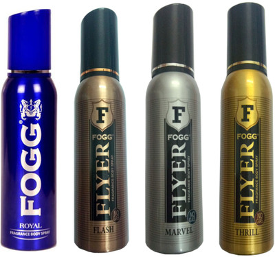 

Fogg FLYER FLASH DEODORANT 120 ML+FLYER MARVEL DEODORANT 120+FLYER THRILL DEODORANT 120 ML+ROYAL DEODORANT 120 ML Deodorant Spray - For Men & Women(120 ml, Pack of 4)