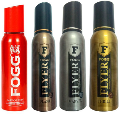 

Fogg FLYER FLASH DEODORANT 120 ML+FLYER MARVEL DEODORANT 120+ FLYER THRILL DEODORANT 120 ML+NAPOLEON DEODORANT 120 ML Deodorant Spray - For Men & Women(120 ml, Pack of 4)