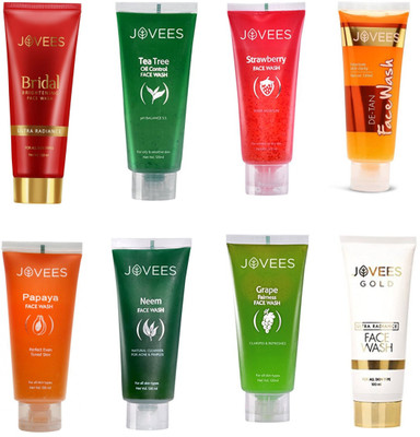 

Jovees Face Wash-Eight Flavour-Bridal Brightening,Gold Ultra Radiance,Papaya,De-Tan,Tea Tree,Grape,Neem,Strawberry. Face Wash(120 ml)