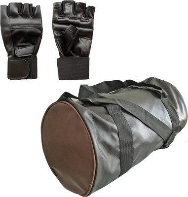 Hipkoo 2611 Gym Leather Bag With Gloves (Black & Brown) Gym & Fitness Kit
