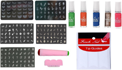 

Royalkart Latest Nail Art Stamping Jumbo 5 Image Plates (To Plate) With Double-sided Stamper & Scraper, 5 Pcs Nail Paint Set & Finger Tip Guide (Multi)(multi)