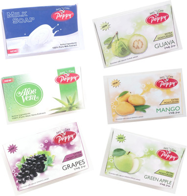 

Poppy Soap-Six Flavers-Milk, Aloe vera, Grapes,Guava,Green Apple,Mango.(75 g, Pack of 6)