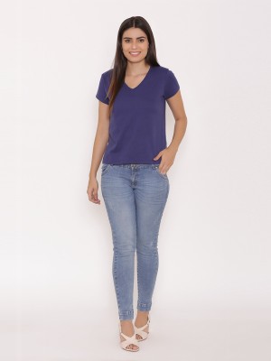 Yaadleen Casual Short Sleeve Solid Women Purple Top