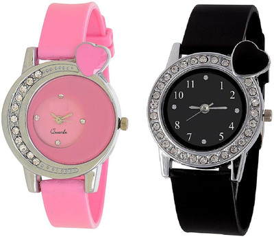 

Rage Enterprise New Fancy Pink Diamond Black Stylish Heart Men & Women Watch - For Girls