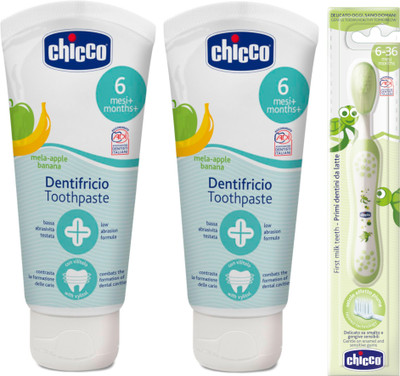 Chicco Apple- Banana Toothpaste (6 m+), 50ml, Pack of 2 and Green Tooth Brush(White)