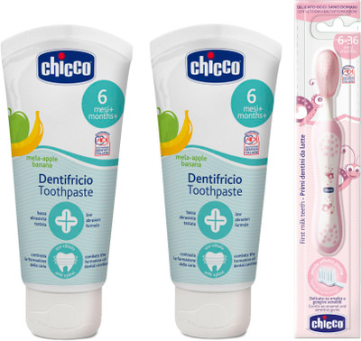 

Chicco Apple- Banana Toothpaste (6 m+), 50ml, Pack of 2 and Pink Tooth Brush(White)
