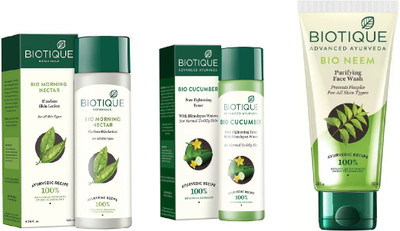 

BIOTIQUE BIO Morning Nectar Flawless Skin Moisturizer, Cucumber Pore Tightening Toner, Neem Purifying Face Wash(Set of 3)