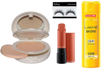 

Styling Eyelashes & Mac lightful compact With Matte finish liptensity lipstick &Lakme Sun Expert Sunscreen Lotion(Set of 4)