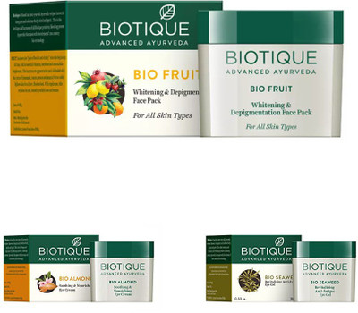 

BIOTIQUE BIO ALMOND SOOTHING & NOURISHING EYE CREAM, SEA WEED REVITALIZING ANTI-FATIGUE EYE GEL, Fruit Whitening & Depigmentation Face Pack(Set of 3)