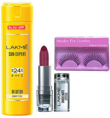 

Studio Fix Combo Eyelashes&Enrich Satin Lipstick With Lakme Sun Expert Sunscreen SPF 24 PA ++ UV Lotion(Set of 3)