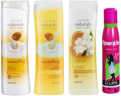 

Avon Anew Naturals Milk & Honey Hand & Body Lotion (200 ml) & one Naturals Body Care Nourishing Milk & Honey Shower Gel (200 ml) Naturals mandarin & jasmine body lotion (200 ml) With one sparkle perfume spray 150 ml(Set of 4)