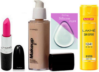 

Styling Silicon Puff & Pink Lipstick & Makeup Pro Long wear Foundation Of Mac & Lakme Sun Expert Sunscreen Lotion(Set of 4)