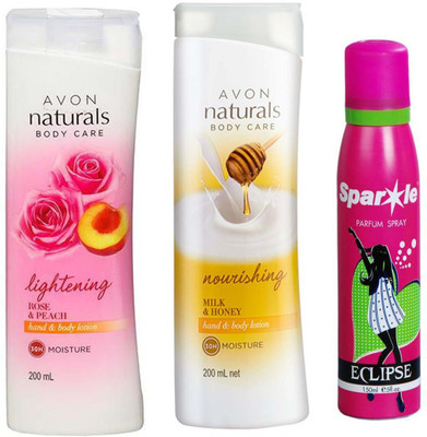 

Avon Anew Naturals Milk & Honey Hand & Body Lotion (200 ml) & one Naturals Body Care Rose & Peach hand & body lotion (200 ml) With one sparkle perfume spray 150 ml(Set of 3)