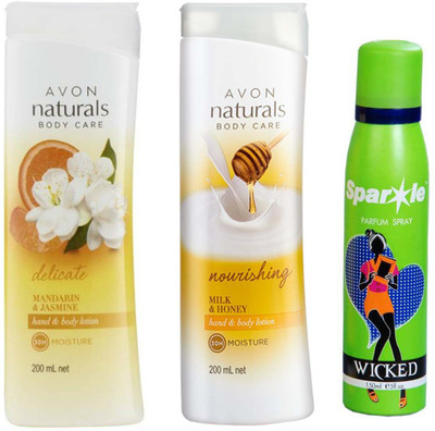 

Avon Anew Naturals Milk & Honey Hand & Body Lotion (200 ml) & one Naturals Milk & Honey Hand & Body Lotion (200 ml) With one sparkle perfume spray 150 ml(Set of 3)