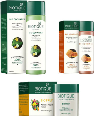 

BIOTIQUE BIO Bio Cucumber Pore Tightening Toner, Bio Honey Gel Refreshing Foaming Cleanser, Bio Fruit Face Pack(Set of 3)