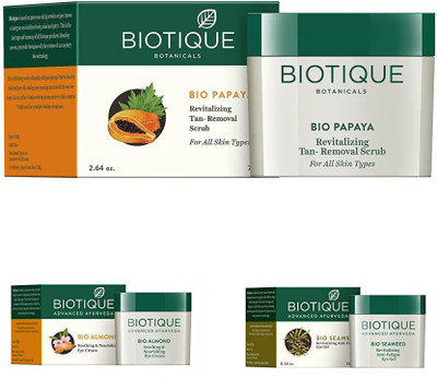 

BIOTIQUE BIO ALMOND SOOTHING & NOURISHING EYE CREAM, SEA WEED REVITALIZING ANTI-FATIGUE EYE GEL, Papaya Revitalizing Tan-Removal Scrub(Set of 3)
