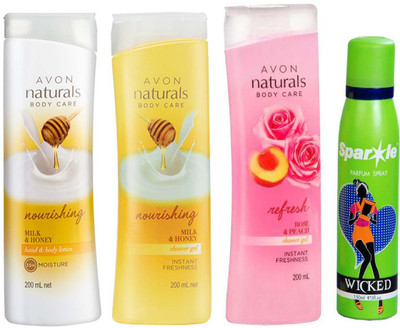

Avon Anew Naturals Milk & Honey Hand & Body Lotion (200 ml) & one Naturals Body Care Nourishing Milk & Honey Shower Gel (200 ml) & one Naturals Body care Rose & Peach Shower Gel (200 ml) With one sparkle perfume spray 150 ml(Set of 4)