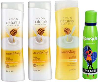 

Avon Anew two Naturals Milk & Honey Hand & Body Lotion (200 ml) & one Naturals Body Care Nourishing Milk & Honey Shower Gel (200 ml) With one sparkle perfume spray 150 ml(Set of 4)