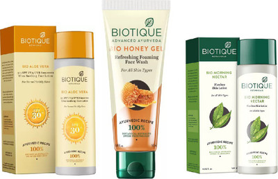 

BIOTIQUE BIO Ultra Soothing Face Lotion 30 SPF,Honey Gel Face Wash, Morning Nectar Flawless Skin Moisturizer(Set of 3)