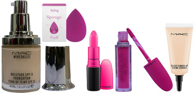 

styling sponge puff & Mac mineralize moisture Spf 15 foundation , mac candy yum yum lipstick , Giambatiista valli lipgloss, Mac select cover up cache concealer(Set of 5)