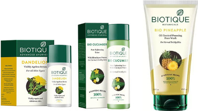 

BIOTIQUE BIO Dandelion Ageless Lightening Serum, Cucumber Pore Tightening Toner, pineapple face wash(Set of 3)