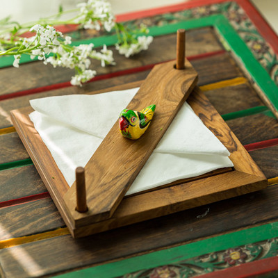 

ExclusiveLane 1 Compartments Wood Napkin Holder(NAPKIN HOLDER: Brown, BIRD: Multicoloured)