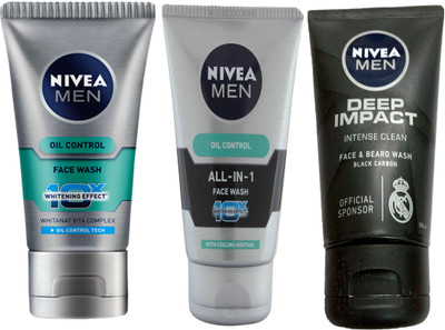 

Nivea MEN DEEP IMPACT INTENCE CLEAN BLACK CARBON FACE & BEARD WASH 100 ML + MEN ALL-IN-1 FACE WASH 100 ML + MEN OIL CONTROL FACE WASH 100 ML Face Wash(100 g)