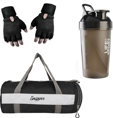 

Snipper Combo Of Gym Bag With Shoe Compartment,Life is a Sports Shaker and Gloves(Black) Gym & Fitness Kit