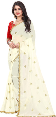 The Fashion Outlets Embroidered Bollywood Chiffon Saree(White, Red) Flipkart