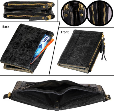 

POLLSTAR Men Grey Genuine Leather Wallet(4 Card Slots), Black