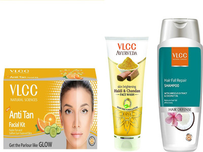 

VLCC Anti Tan facial kit 60gm+Haldi Chandan face wash 100ml+Hairfall repair shampoo 200ml(Set of 3)