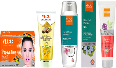 

VLCC Papaya Fruit facial kit 60gm+Haldi Chandan FW 100ml+Hairfall repair shampoo 200ml+Hairfall repair oil 100ml+Insta fairness 50g(Set of 5)