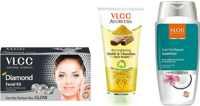 

VLCC Diamond facial kit 60gm+Haldi Chandan face wash 100ml+Hairfall repair shampoo 200ml(Set of 3)
